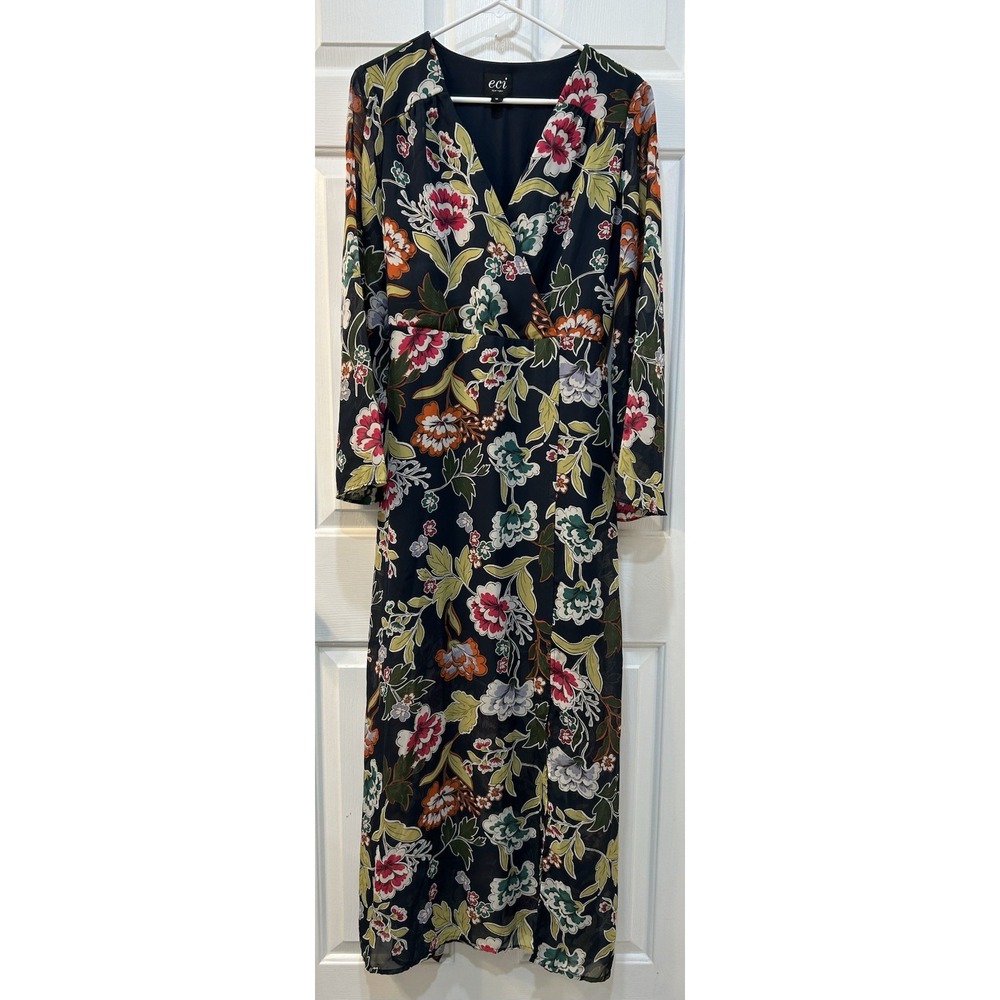 ECI Floral Faux Wrap Maxi Dress Sz 10 Sheer Long Sleeve Tie Waist Boho Romantic